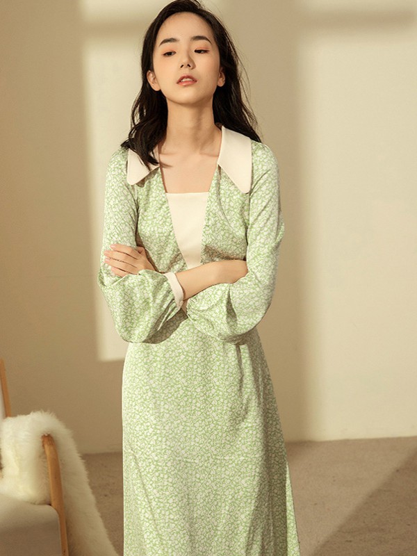 Kira&Yanng女装2021秋冬季绿色波点连衣裙