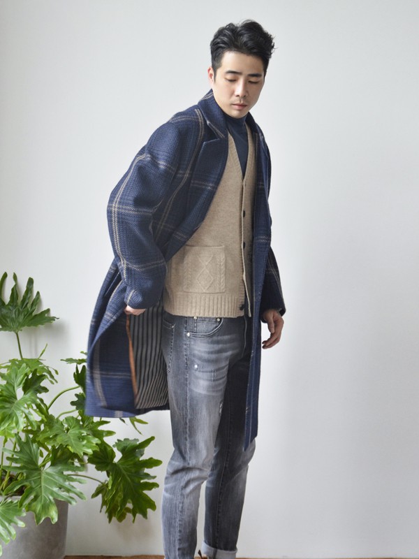 AIVIDICSTUDIO男装2021秋冬季藏蓝色格子大衣