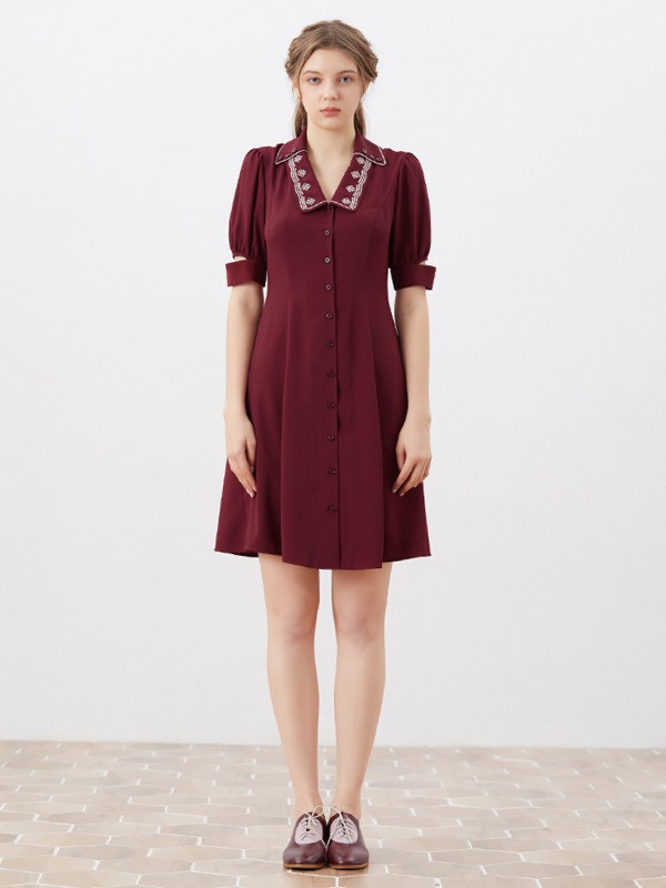 迪哈利女装2021春夏季酒红色字母连衣裙