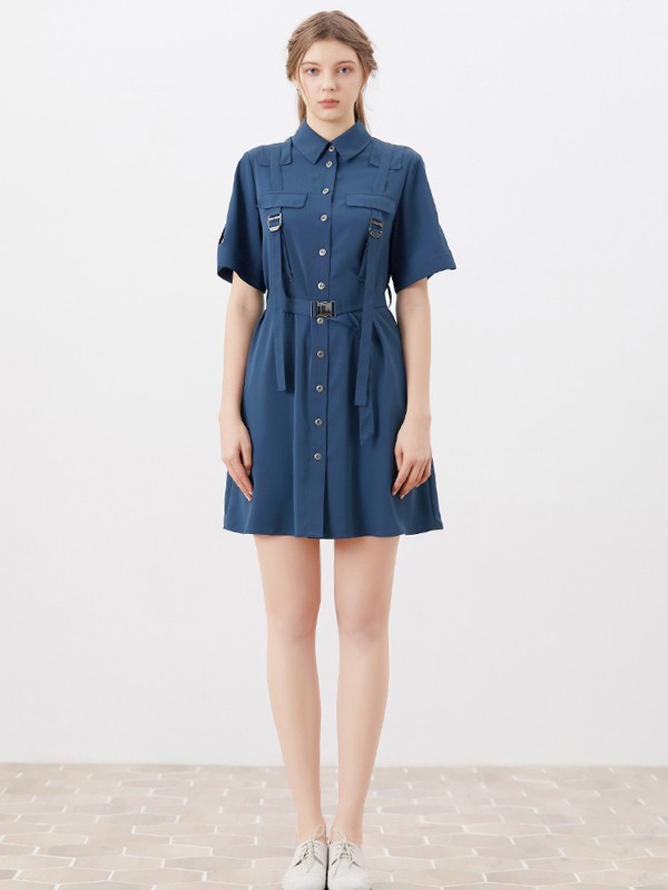 迪哈利女装2021春夏季藏蓝色纯色连衣裙