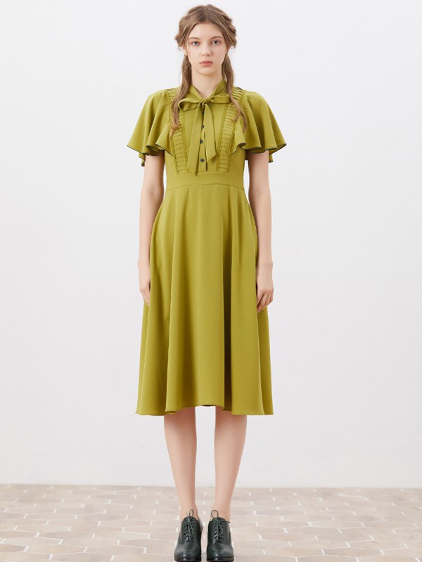 迪哈利女装2021春夏季绿色荷叶边连衣裙