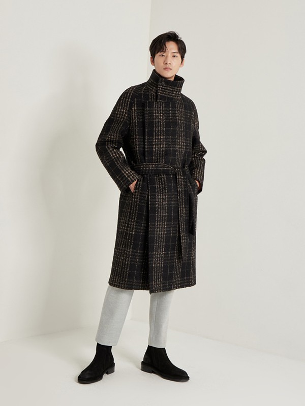 SYSTEMHOMME男装2021秋冬季黑色格子大衣