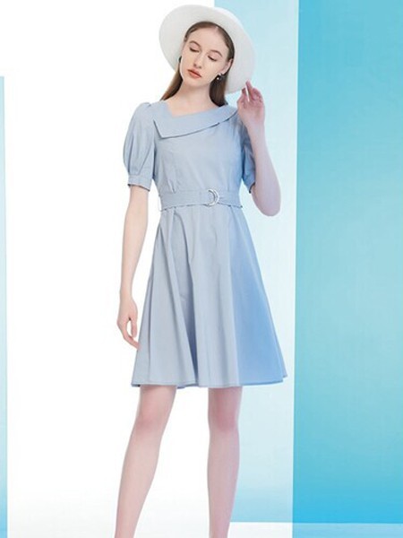 浪漫茜诗2021春夏季蓝色撞色连衣裙