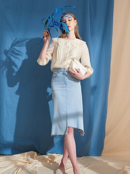 浪漫茜诗2021春夏季蓝色不对称包臀裙