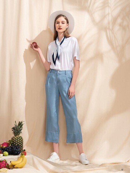 浪漫茜诗2021春夏季蓝色纯色阔腿裤
