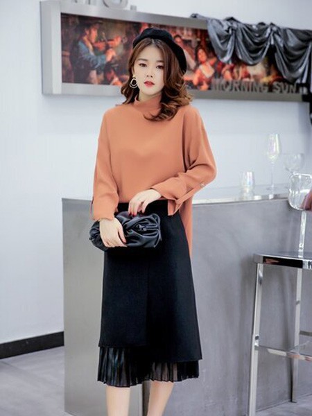 摩纳珂女装2021秋冬季橙色纯色雪纺衫