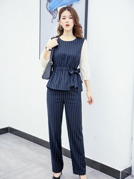 摩纳珂女装2021秋冬季藏蓝色条纹长裤