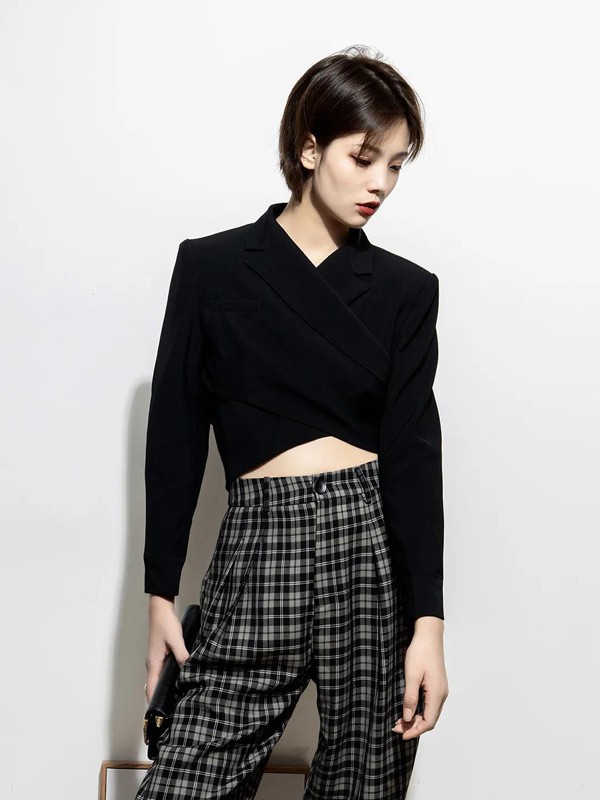 谜菲2021秋冬季黑色格子长裤