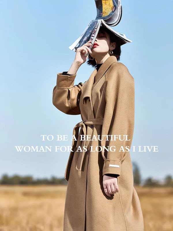 谜菲2021秋冬季卡其色收腰大衣
