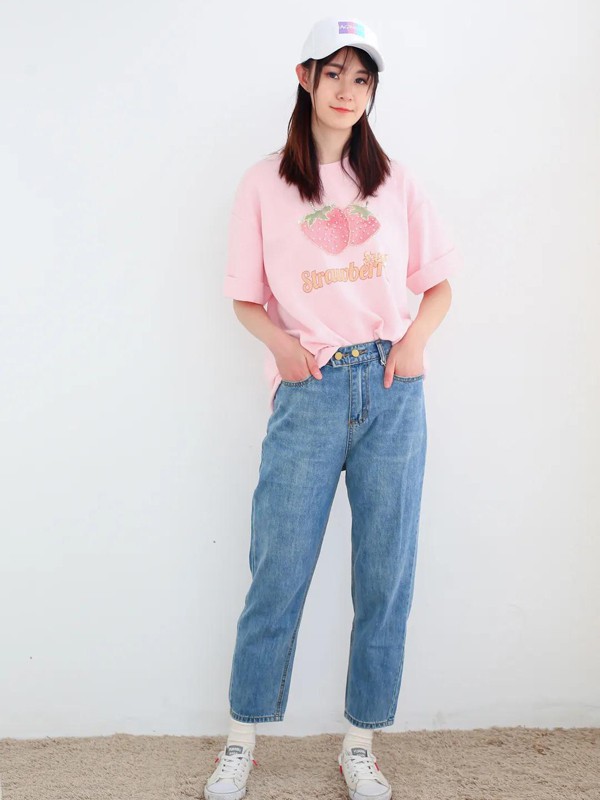 麦笈2022春夏季粉色印花T恤