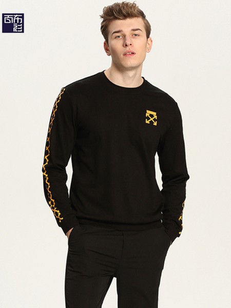 百布衫男装2021秋冬季黑色印花T恤