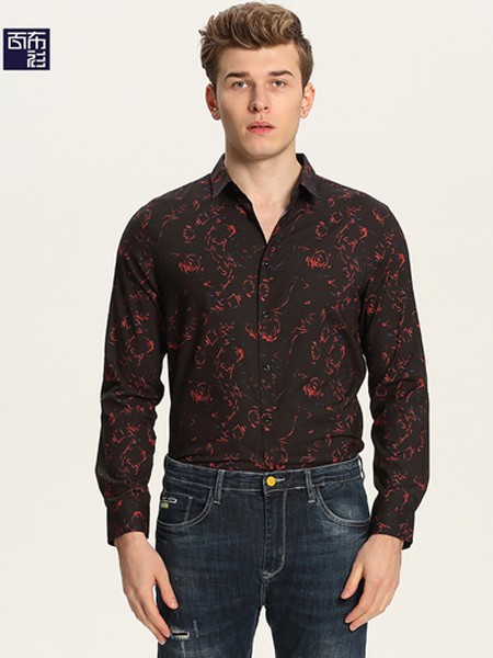 百布衫男装2021秋冬季咖啡色印花衬衫