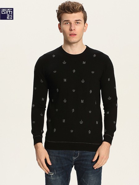 百布衫男装2021秋冬季黑色印花针织衫
