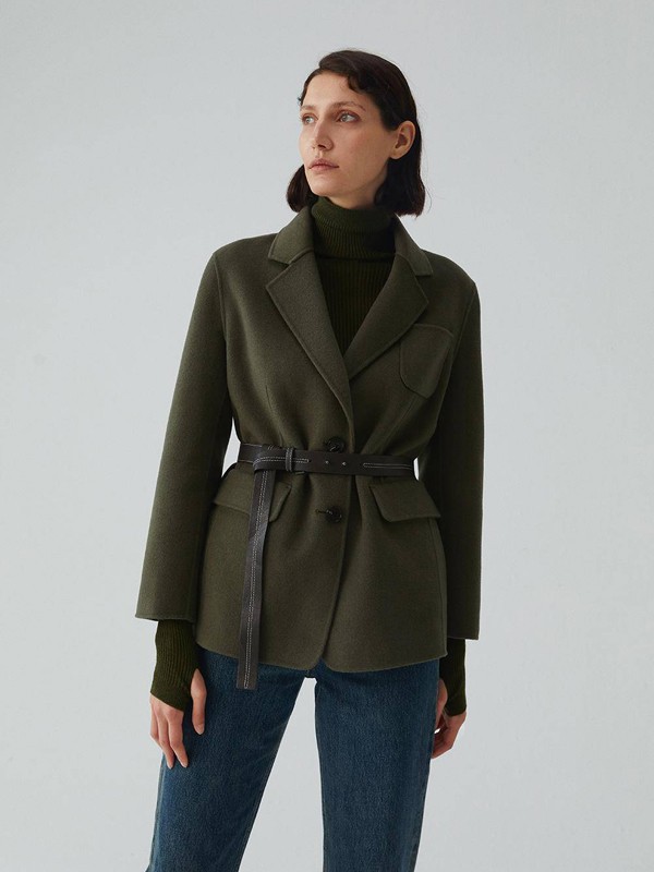 Re女装2021秋冬季军绿色纯色大衣