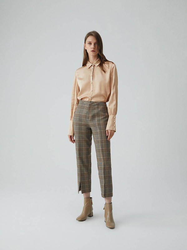 Re女装2021秋冬季卡其色纯色雪纺衫