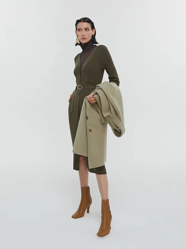 Re女装2021秋冬季墨绿色修身连衣裙