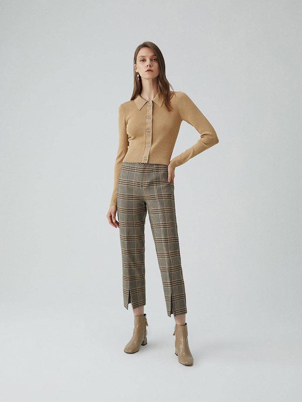 Re女装2021秋冬季灰色格子长裤