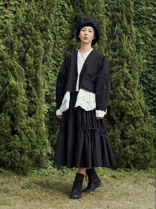 马可未女装2021秋冬季黑色纯色长裙