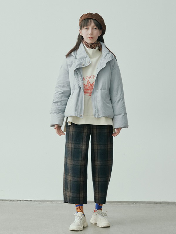 马可未女装2021秋冬季黑色格子阔腿裤