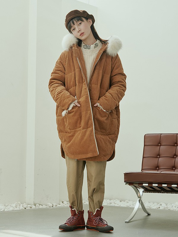 马可未女装2021秋冬季橙色带毛领棉服