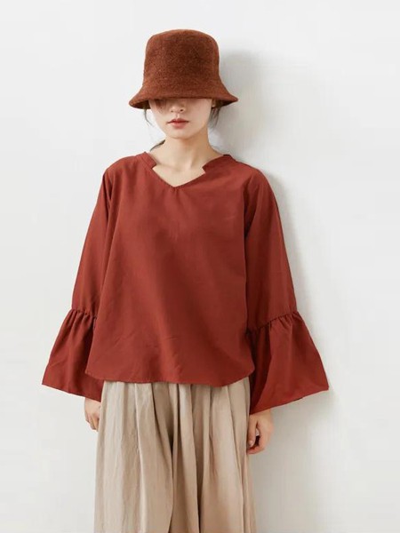 Mooost女装2022春夏季酒红色泡泡袖T恤