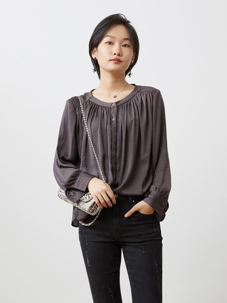 Mooost女装2022春夏季咖啡色褶皱衬衫