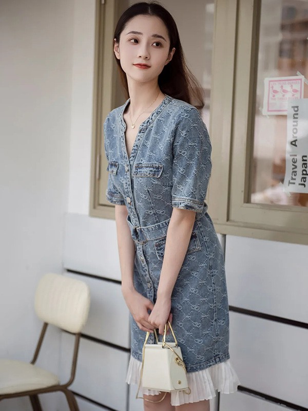 拉素2021春夏季蓝色印花连衣裙