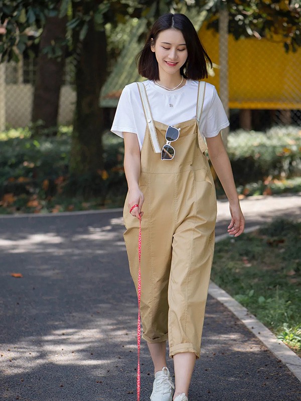 拉素2021春夏季卡其色纯色背带裤