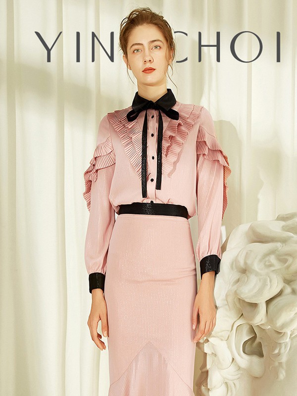 千颖2021秋冬季粉色荷叶边连衣裙