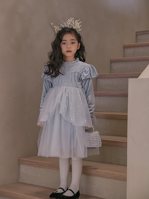 古力家2021秋冬季蓝色纱网连衣裙