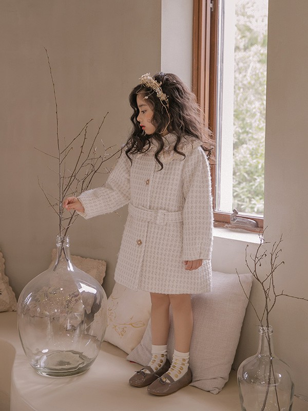 古力家2021秋冬季白色格子大衣