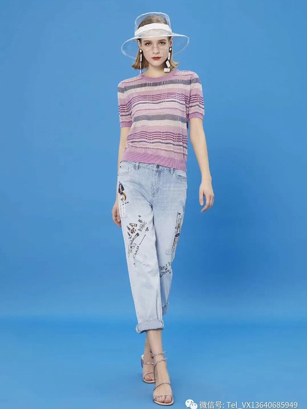 朗美睿女装2022春夏季紫色条纹T恤