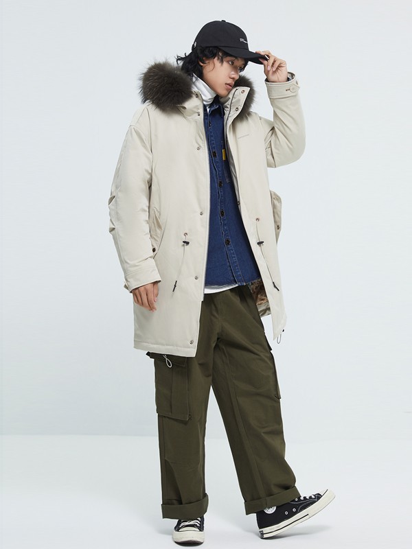 甲子三组男装2021秋冬季米色带毛领派克服