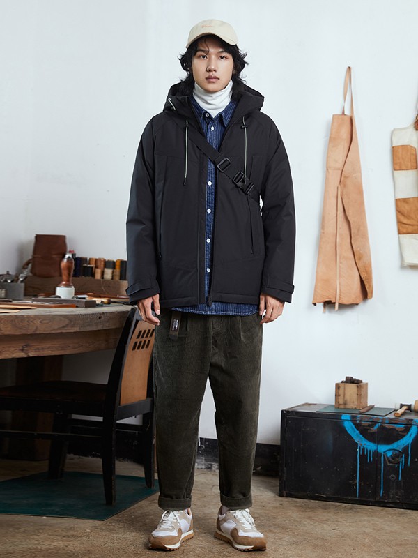 甲子三组男装2021秋冬季黑色纯色棉服