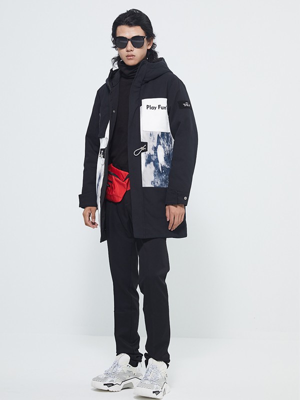 甲子三组男装2021秋冬季黑色印花棉服