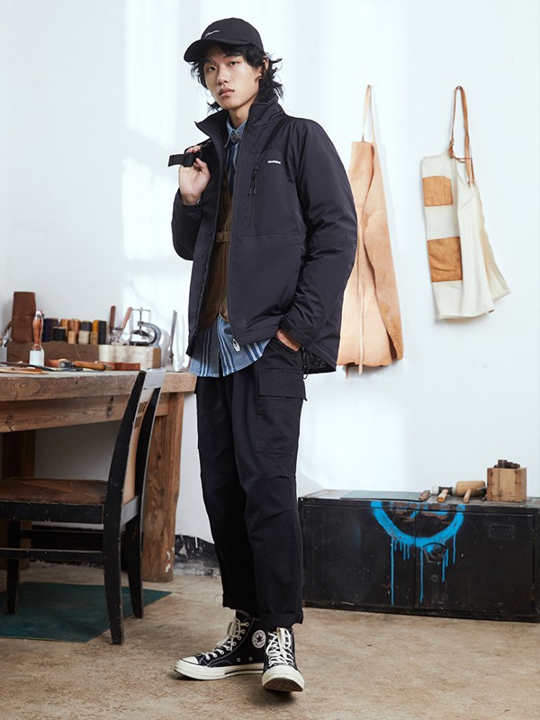 甲子三组男装2021秋冬季黑色纯色棉服