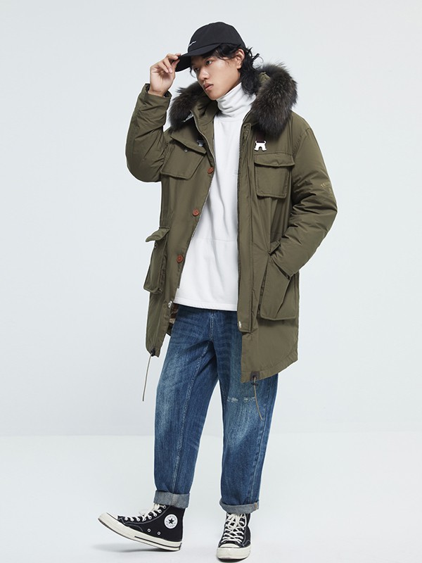 甲子三组男装2021秋冬季军绿色带毛领派克服