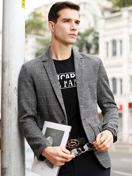 时代森迪男装2021秋冬季灰色格子西装