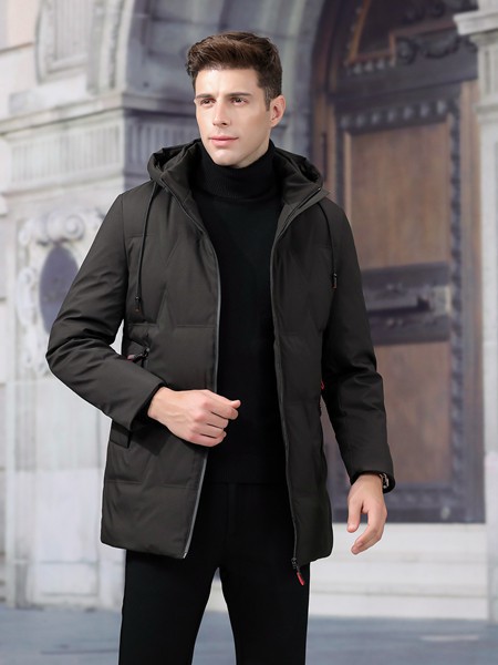 时代森迪男装2021秋冬季黑色连帽羽绒服