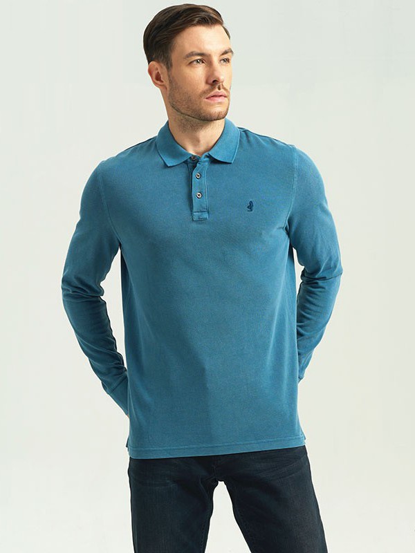 万宝路男装2021秋冬季蓝色纯色polo衫