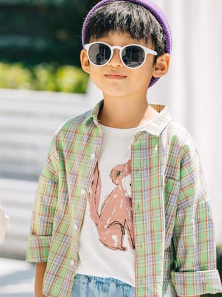 可米の家童装2022春夏季绿色格子衬衫