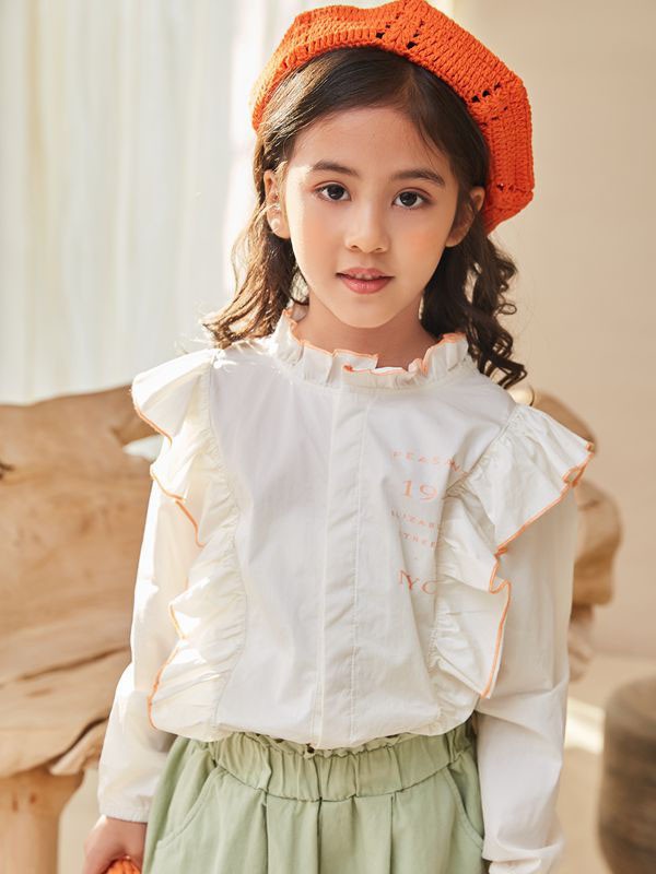 五岳童盟童装2022春夏季白色荷叶边衬衫