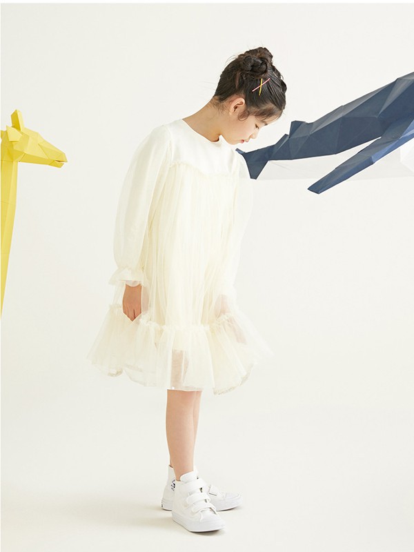 broadcute童装2022春夏季米色纱网连衣裙