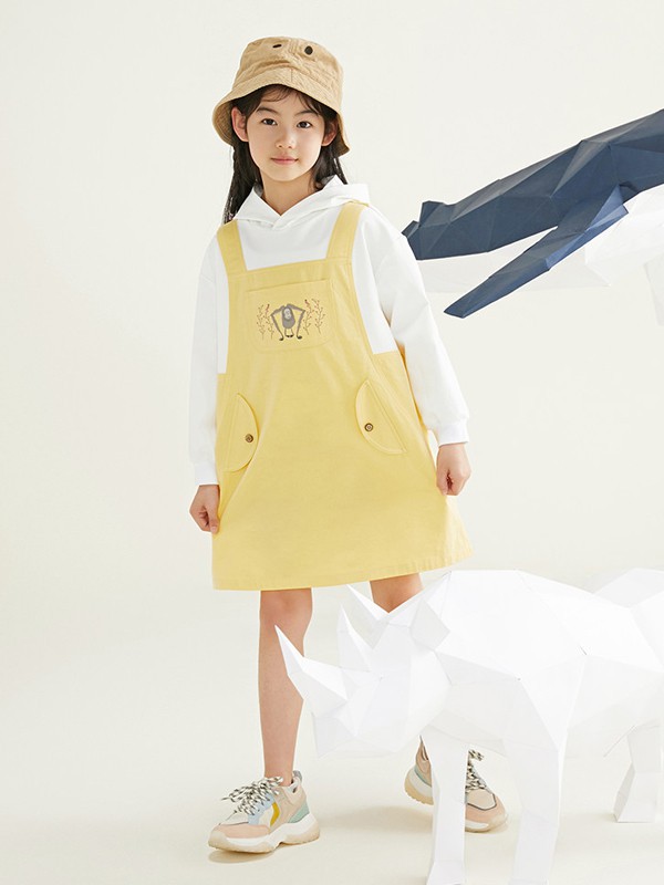 broadcute童装2022春夏季黄色印花背带裙