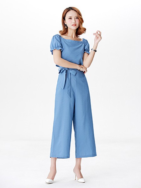 她之蝶女装2022春夏季蓝色收腰连体裤