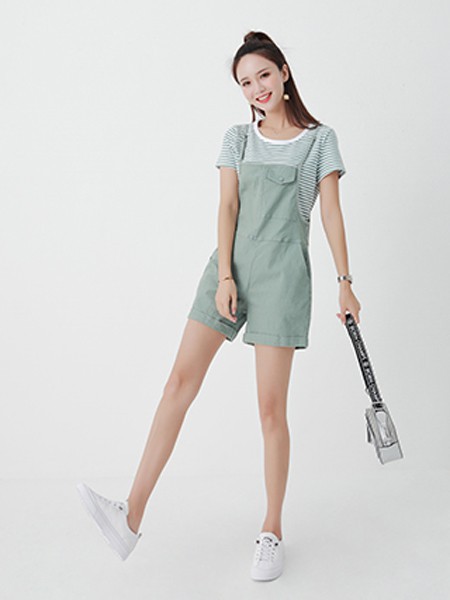 她之蝶女装2022春夏季绿色纯色背带裤