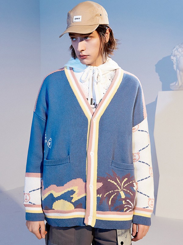 LAMLICKA休闲装2021秋冬季蓝色印花针织衫