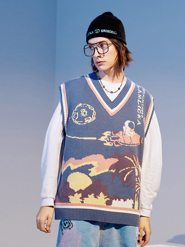 LAMLICKA休闲装2021秋冬季蓝色印花背心