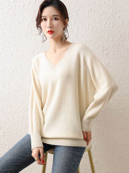 Modeern女装2021秋冬季白色纯色针织衫