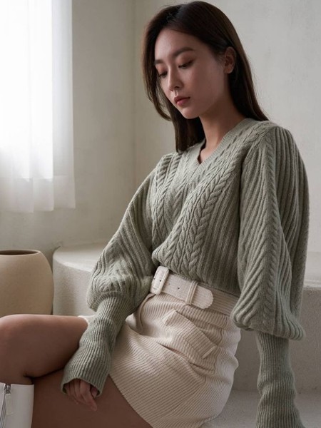 apMStyle女装2021秋冬季绿色纯色毛衣